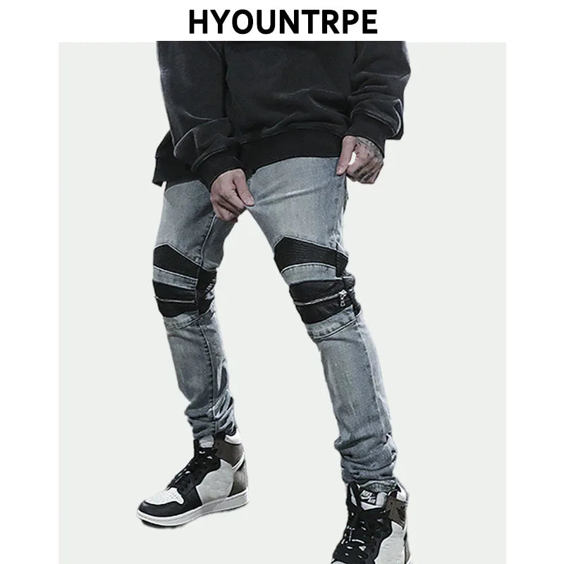 knee zipper hole patckwork skinny denim jeans men casual slim biker trousers jeans fashion streetwear hip hop jean pants joggers streetwear sweatpants