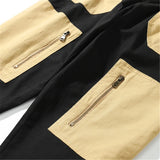 rainbowtouches men fashion retro casual splicing solid color straight cargo zipper pocket pants hip hop high street long trouser unique cargo style 3169