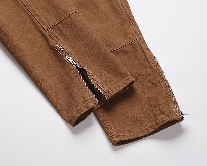 harajuku ankle zipper logging pants overalls mens straight streetwear oversized retro baggy cargo pants loose casual trousers unique cargo style 5086