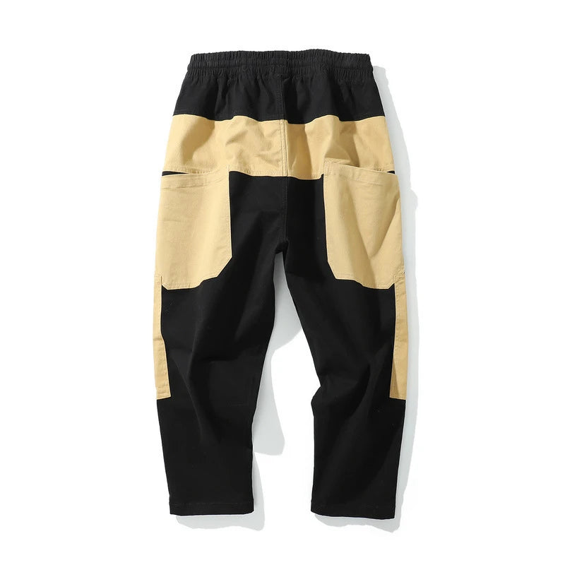 rainbowtouches men fashion retro casual splicing solid color straight cargo zipper pocket pants hip hop high street long trouser unique cargo style 3164