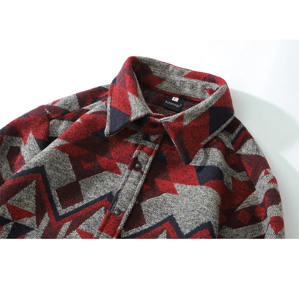 Color Retro Geometric Pattern Men Shirt Thick Casual Baggy Big Pockets High Street Autumn Streetwear