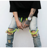 high street knee hole with chain ripped biker jeans mens slim fit denim pants autumn new streetwear casual hip hop pants joggers unique joggers style 4256