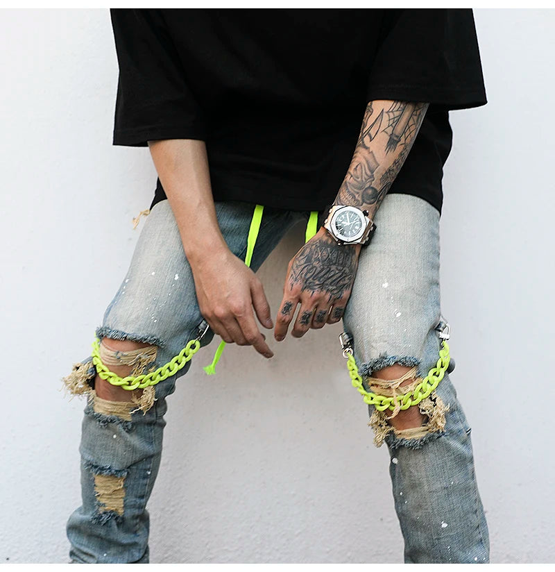 high street knee hole with chain ripped biker jeans mens slim fit denim pants autumn new streetwear casual hip hop pants joggers unique joggers style 4256
