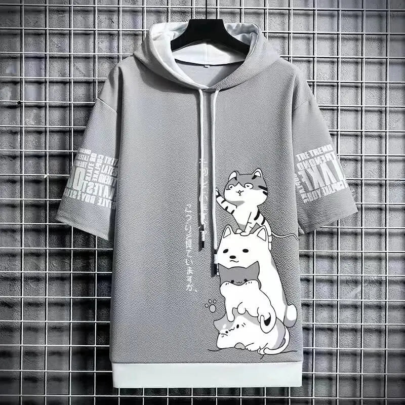 Japan Fashion Mens Hoodies Summer Men Clothing Cartoon Short Sleeve Sw