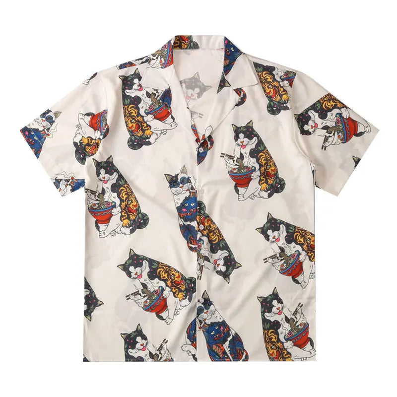 Sadcore Oversized shirt – Gonthwid Hawaiian Beach Shirts Harajuku Japanese Tattoo Cat