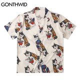 Sadcore Oversized shirt – Gonthwid Hawaiian Beach Shirts Harajuku Japanese Tattoo Cat