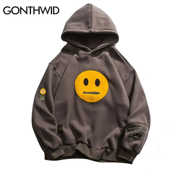 Gonthwid Hoodies Streetwear Hip Hop Zipper Pocket Smile Face Patchwork