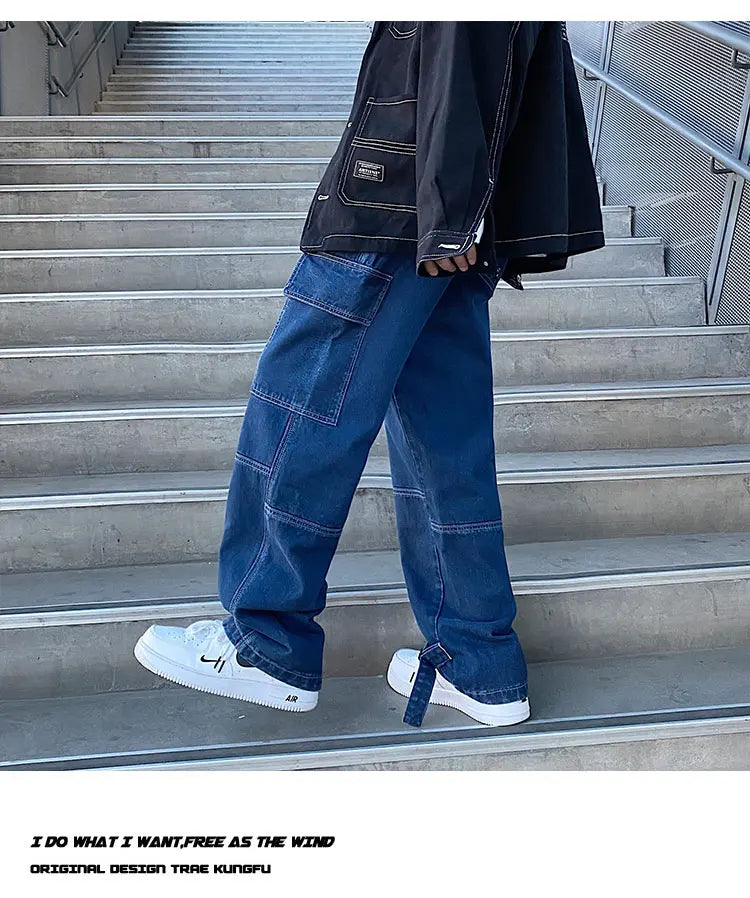 men jeans wide leg denim pants loose straight baggy mens jeans hip hop streetwear skateboard neutral denim trousers cargo jeans unique cargo style 2656
