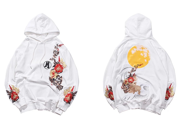2023 Men Hip Hop Hoodie Sweatshirt Embroidered Floral Full Moon Rabbit Harajuku Streetwear Hoodie Pullover Cotton Autumn Hipster