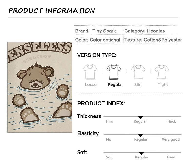Men Hip Hop Streetwear Hoodie Sweatshirt Funny Bear Japanese Kanji Pul
