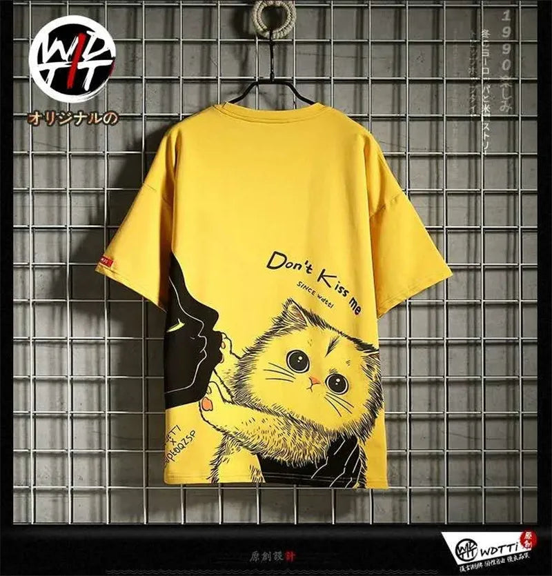 Y2K Graphic Tee – Black Kawaii Cat T Shirt Men Japanese Cute T Shirt – Urban Streetwear for Men & Women