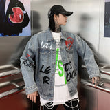 trendy coat featuring mens graffiti letter denim jackets fashion turn down collar long sleeve coats outerwear hip hop casual streetwear jeans jackets design – premium quality jacket for men