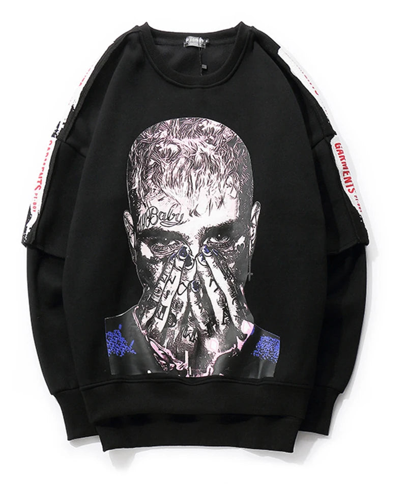 rainbowtouches long sleeve t shirt mens sweater high street fashion hip hop figure print stitching cuff design pattern coats Y2K vintage urban hoodie, aesthetic street look hoodie, streetwear fashion hoodie