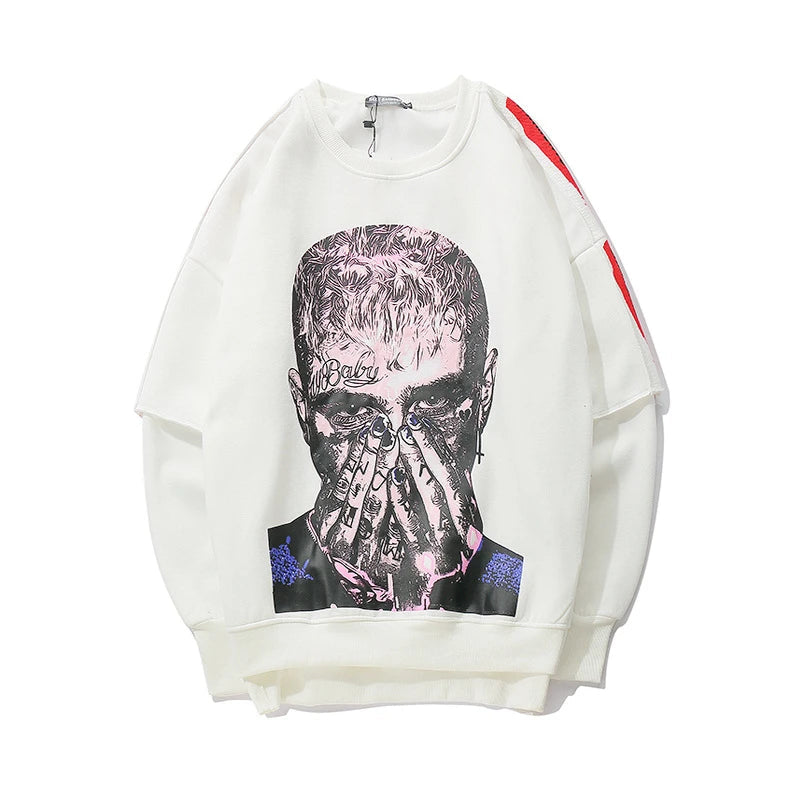 rainbowtouches long sleeve t shirt mens sweater high street fashion hip hop figure print stitching cuff design pattern coats streetwear fashion hoodie, Y2K vintage urban hoodie, urban wear with bold artwork