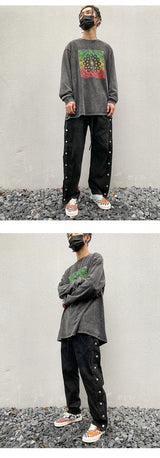 mens side buttons patchwork harajuku straight pants casual elastic waist fake suede trousers hip hop streetwear casual joggers unique joggers style 3902