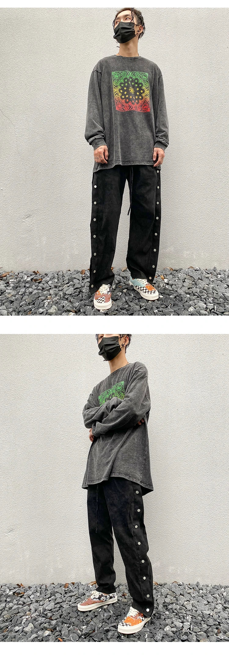 mens side buttons patchwork harajuku straight pants casual elastic waist fake suede trousers hip hop streetwear casual joggers unique joggers style 3902