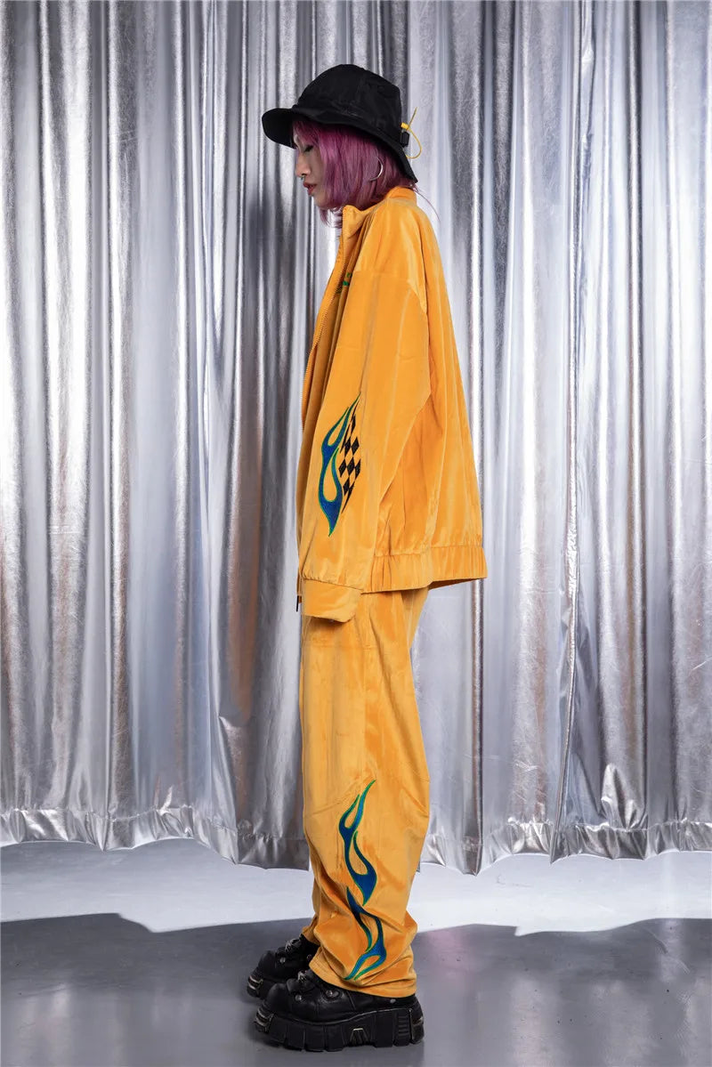 2 pieces set men embroidery velvet zipper jacket and elastic waist loose straight pants sweatsuit hip hop tracksuits sweatsuit unique default style 4313