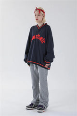 Mens Letter Embroidery Tshirt Tops Men V Neck Long Sleeve Loose Tees Hip Hop Solid Color Oversize Skateboard Streetwear Pullover