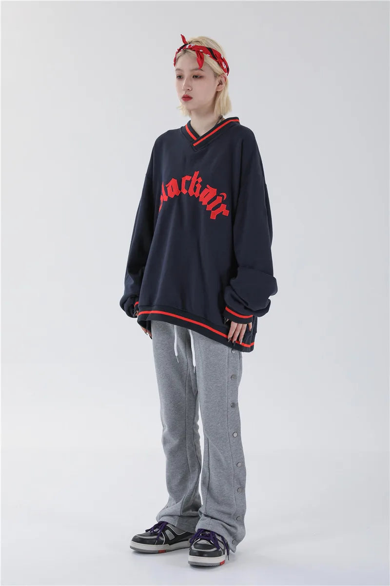 Mens Letter Embroidery Tshirt Tops Men V Neck Long Sleeve Loose Tees Hip Hop Solid Color Oversize Skateboard Streetwear Pullover