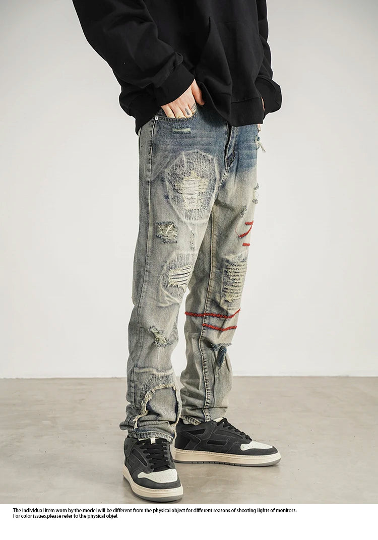destroyed ripped straight jeans pants mens distressed biker jeans fashion irregular embroidery streetwear hip hop pants joggers unique joggers style 3952
