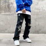 fashion back letters embroidery denim flare jeans mens zipper straight trouser hip hop destroy holes streetwear pants joggers streetwear sweatpants
