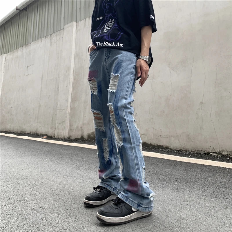 fashion back letters printed denim flare jeans mens zipper straight trouser hip hop destroy holes streetwear jean pants joggers unique joggers style 183