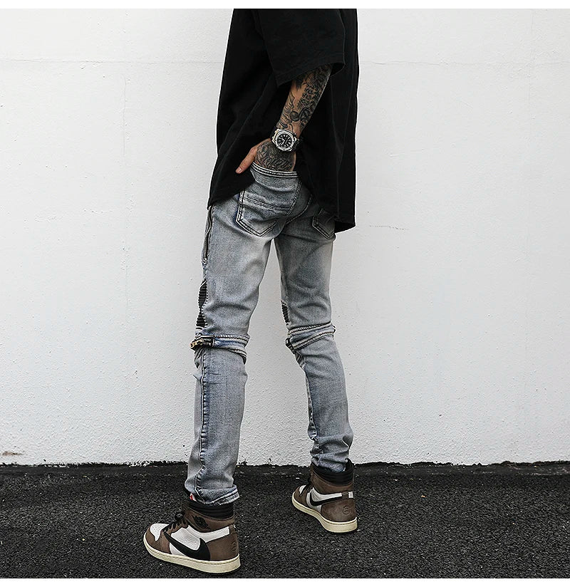 high street pu leather zippers patchwork biker jeans mens stretch denim slim jean pants motorcycle slim trousers hip hop pants unique jeans style 2318