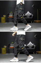 streetwear hip hop black harem pants men elastic waist punk pants with ribbons casual slim jogger pants men hip hop trousers unique joggers style 2528