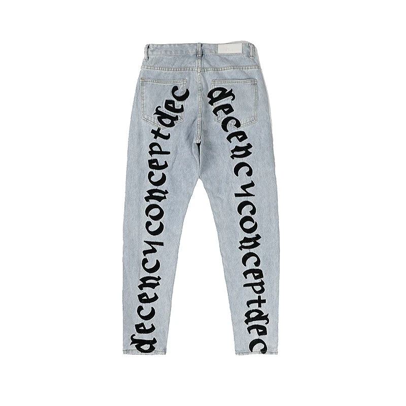 men back letter embroidery denim jean pants fashion slim zipper biker jeans trouser new casual hip hop streetwear pants joggers unique joggers style 1306