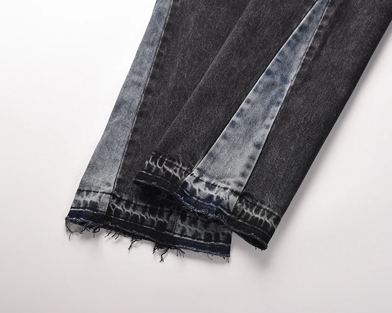 high street washed color match frayed micro flared jeans mens straight spliced retro loose casual denim pants hip hop trousers unique jeans style 31