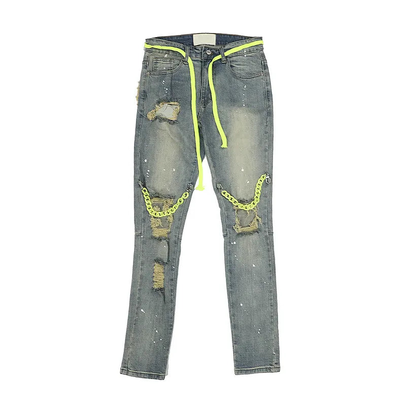 high street knee hole with chain ripped biker jeans mens slim fit denim pants autumn new streetwear casual hip hop pants joggers unique joggers style 4270