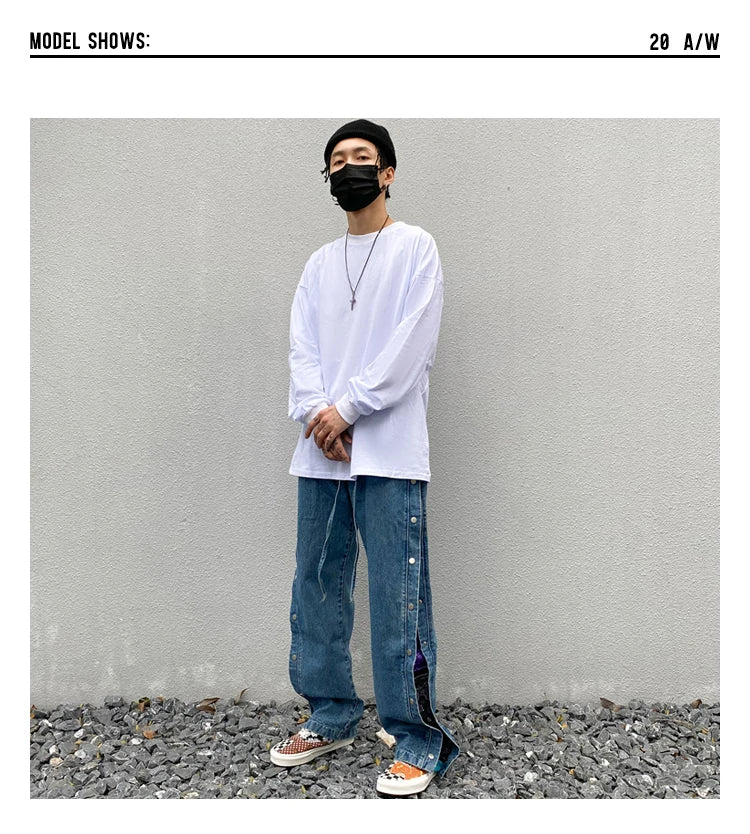 men side buttons patchwork harajuku straight denim jean pants casual elastic waist jeans trousers hip hop new streetwear joggers unique joggers style 3152