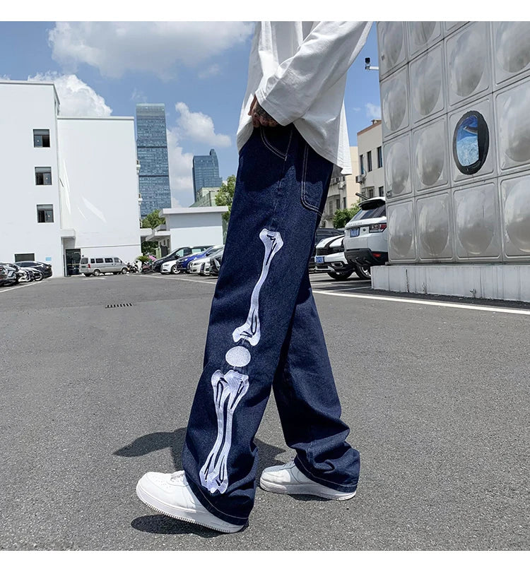 skeleton embroidery straight jean pants couples mopping trousers mens streetwear denim pants mens clothing jeans for men baggy unique jeans style 2818