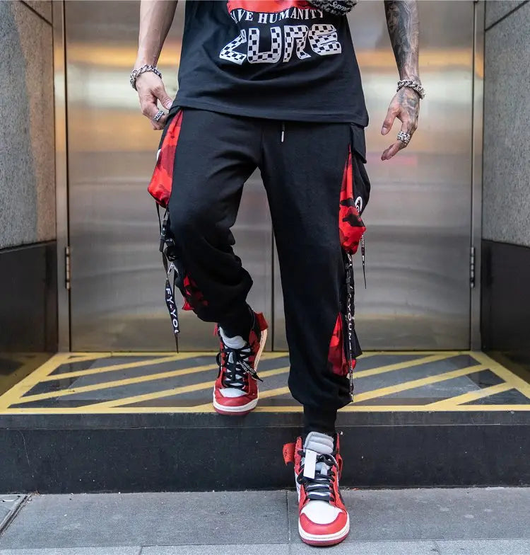 men hip hop black cargo pants joggers sweatpants overalls men ribbons streetwear harem pants women fashions trousers unique joggers style 2701