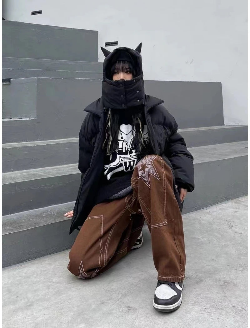 vaporwave crying character featuring hip hop streetwear parka embroidered skull jacket harajuku little devil designer hood padded jacket coat winter outwear unisex