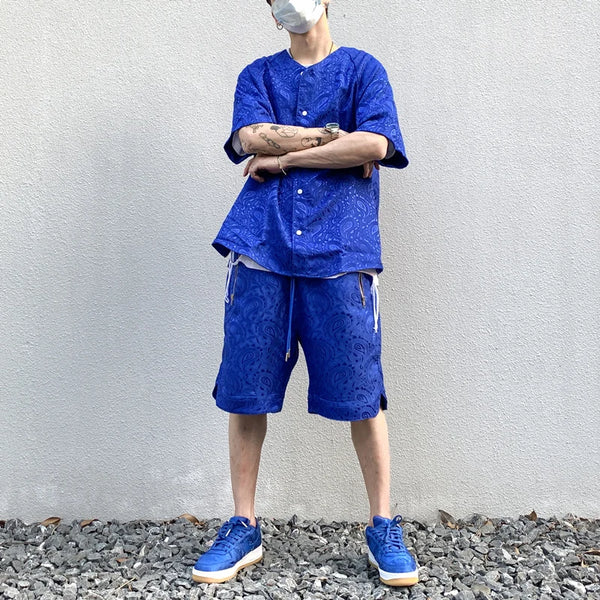 2 Pieces Sets Men Harajuku Pattern Single Breasted Short Sleeve Baseball Shirts and Drewstring Shorts Joggers Streetwear Sets