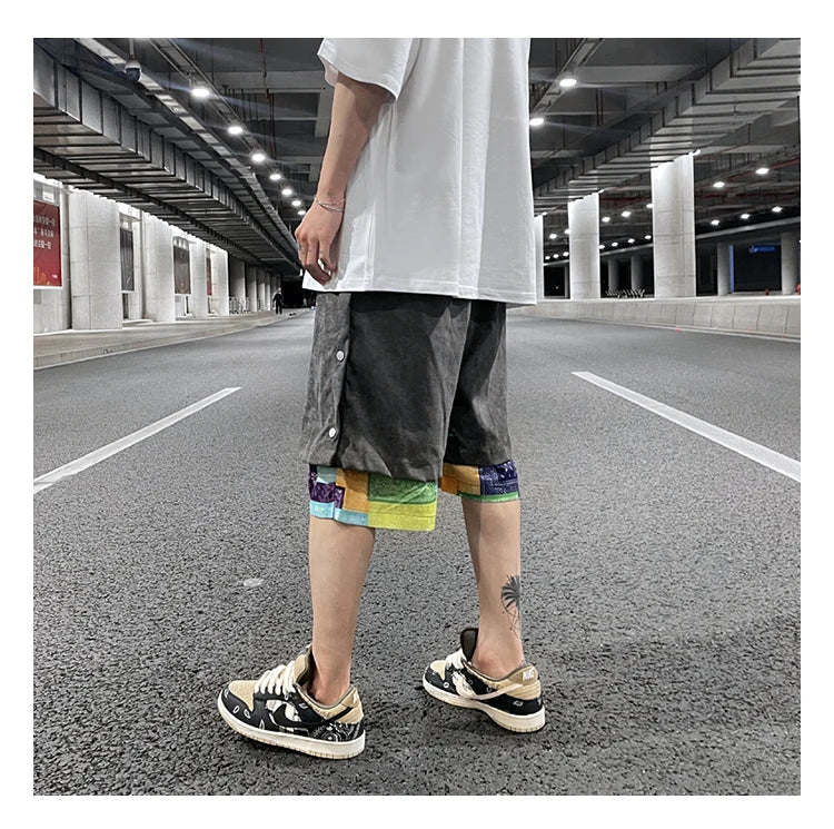 men side buttons patchwork harajuku straight shorts new elastic waist short pants joggers hip hop streetwear casual sweatshorts unique joggers style 1088