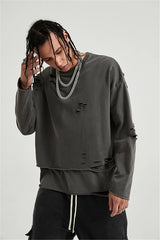 Hip Hop Streetwear Vintage Sweatshirt 2021 Autumn Creative Distressed Destroyed Ripped Holes Pullover Cotton Tops Loose WE301