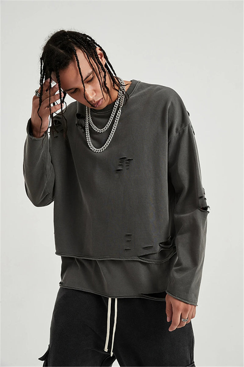 Hip Hop Streetwear Vintage Sweatshirt 2021 Autumn Creative Distressed Destroyed Ripped Holes Pullover Cotton Tops Loose WE301