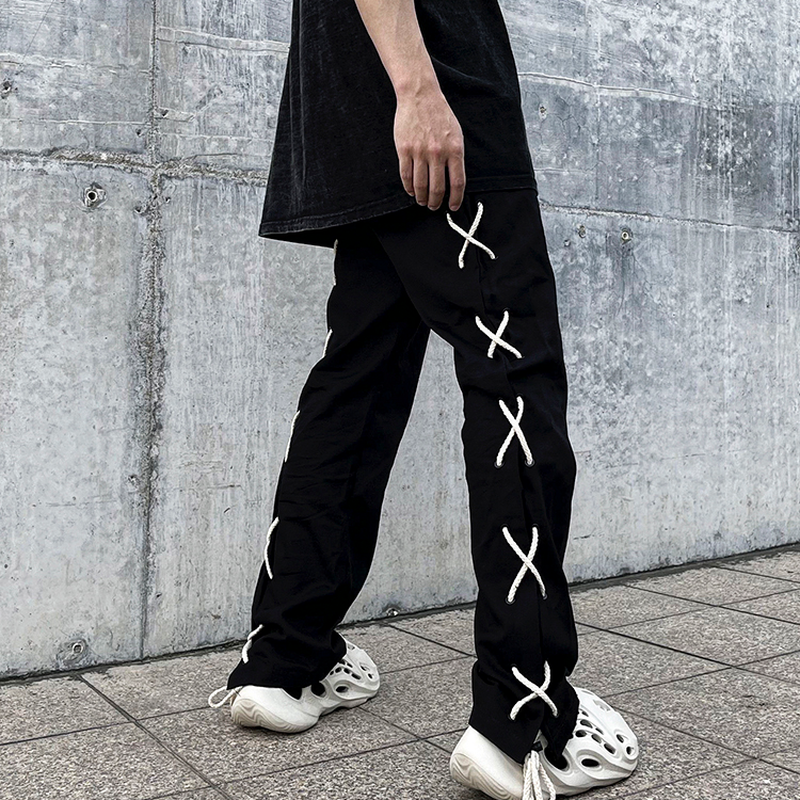 hip hop loose fit elastic waist pants fashion side reflective cross lines pants mens casual streetwear sportwear pants joggers unique joggers style 5490