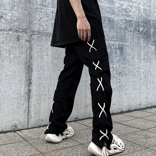 hip hop loose fit elastic waist pants fashion side reflective cross lines pants mens casual streetwear sportwear pants joggers relaxed fit joggers