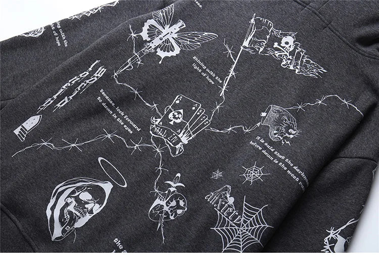 2023 Hip Hop Hoodie Sweatshirt Men Streetwear Skull Graffiti Print Hoodie Pullover Cotton Autumn Grey Harajuku Punk Clothes New