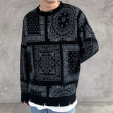 hip hop paisley printed ripped knitted holes sweater mens autumn winter long sleeve pullover streetwear loose sweaters clothing urban wear with bold artwork, trendy hip hop style outerwear, streetwear fashion hoodie