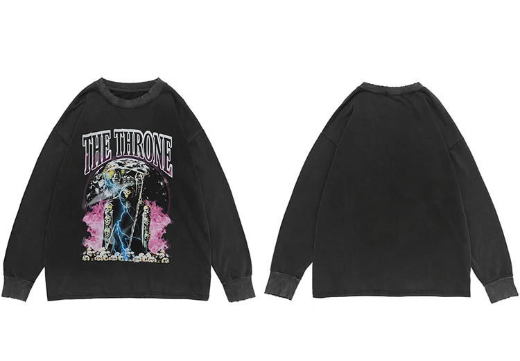 Hip Hop 2023 Men Streetwear Sweatshirt Skull Lightning Print Pullover Ripped Hole Sweatshirt Harajuku Cotton Loose Sweat Shirt
