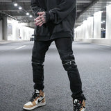 knee zipper hole patckwork skinny denim jeans men casual slim biker trousers jeans fashion streetwear hip hop jean pants joggers sporty tapered joggers