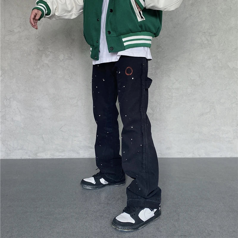2023 streetwear graffiti cargo flared jeans khaki black splash ink wide leg denim pant hip hop cargo trousers jean men unique cargo style 5152