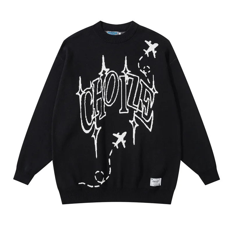 hip hop letter knitted oversize sweater men harajuku o neck long sleeve pullover streetwear casual loose sweater jumper knitwear - graphic printed hoodie for men and women, urban fashion pullover, anime inspired graphic hoodie