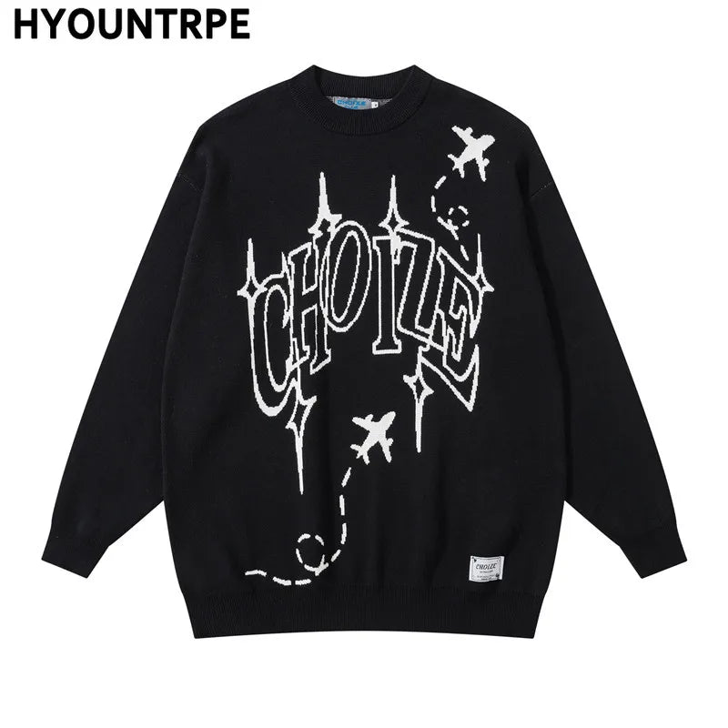 hip hop letter knitted oversize sweater men harajuku o neck long sleeve pullover streetwear casual loose sweater jumper knitwear - graphic printed hoodie for men and women, urban fashion pullover, anime inspired graphic hoodie