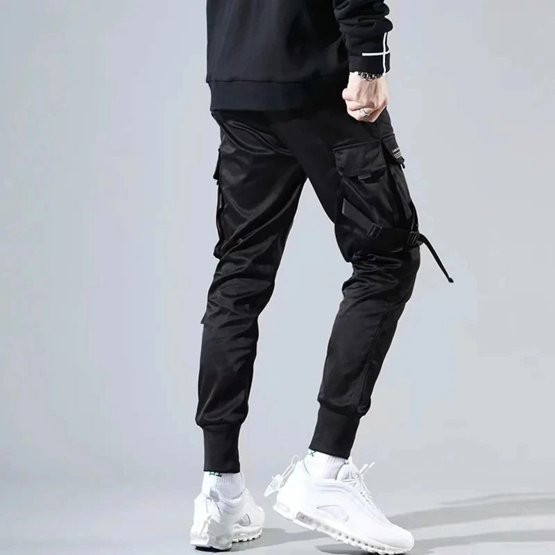 ribbons harem joggers men cargo pants streetwear 2023 hip hop casual pockets track pants male harajuku fashion trousers unique joggers style 2850