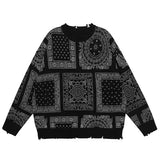 hip hop paisley printed ripped knitted holes sweater mens autumn winter long sleeve pullover streetwear loose sweaters clothing high quality cotton pullover, Y2K vintage urban hoodie, urban wear with bold artwork